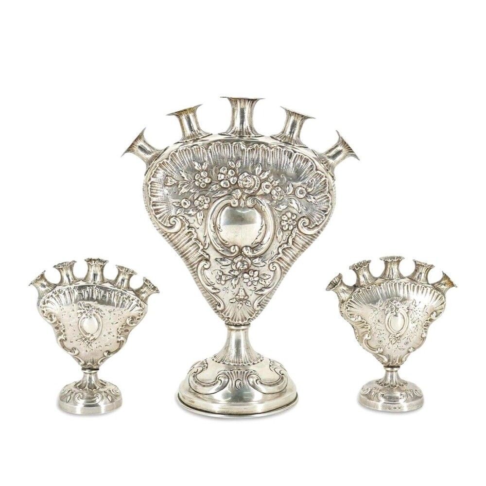 Rare Antique Set of 3 Ornate Rose Vases - Hanau Silver German Rococo 1800s
